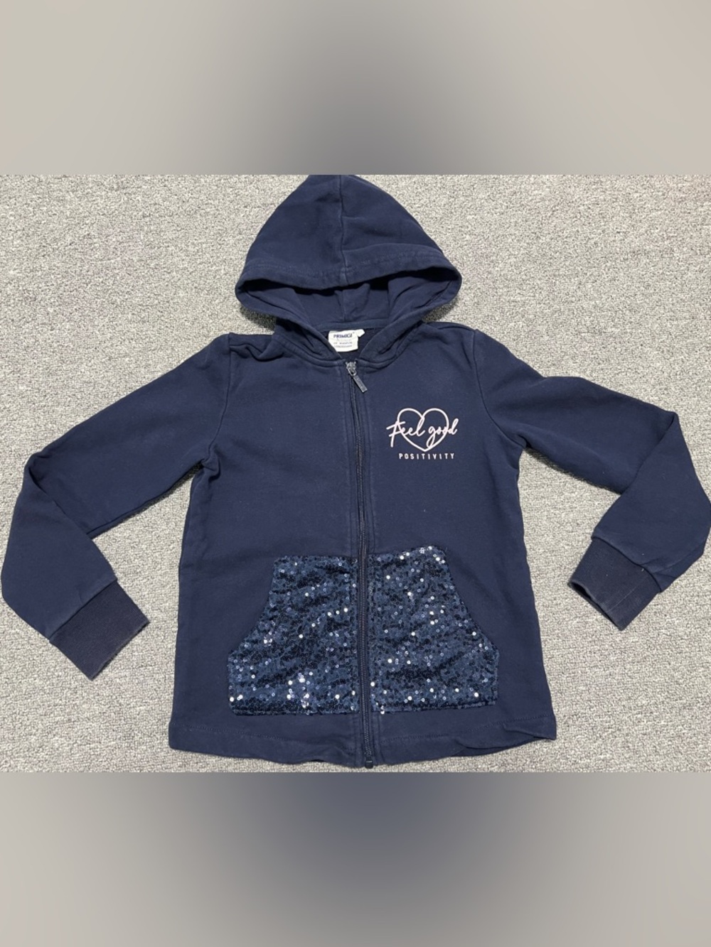 Primigi Navy Zip Hoodie with 'Feel Good Positivity' and Sequin Pockets